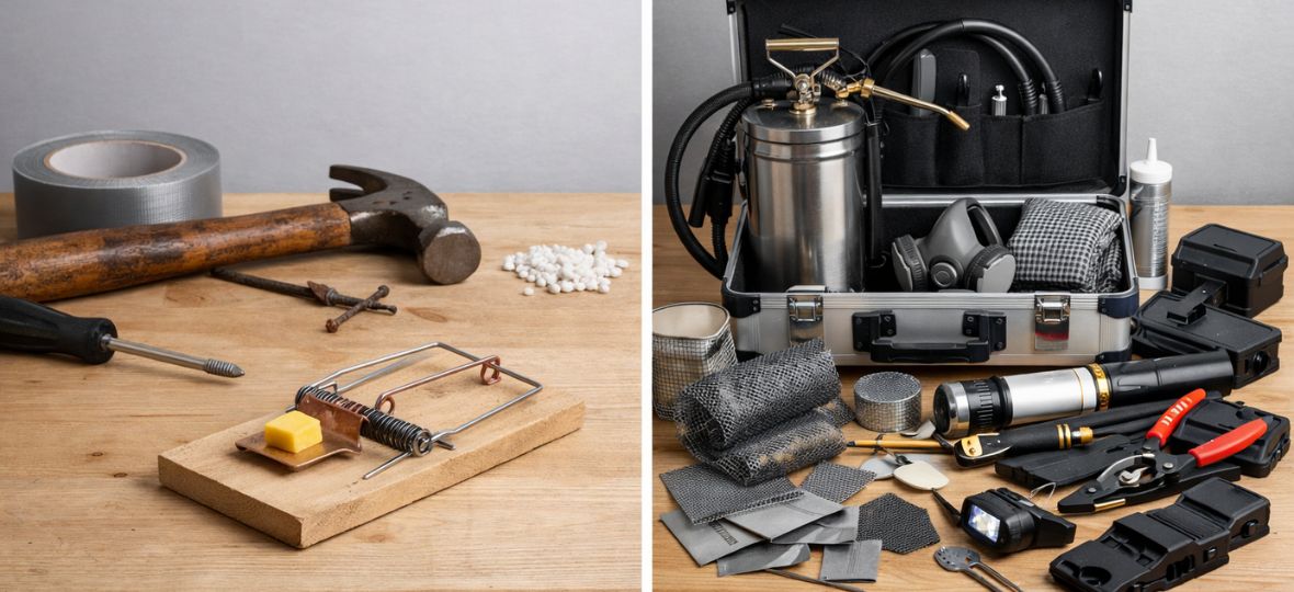 Hardware-store snap trap beside professional rodent control tools — DIY vs. professional comparison