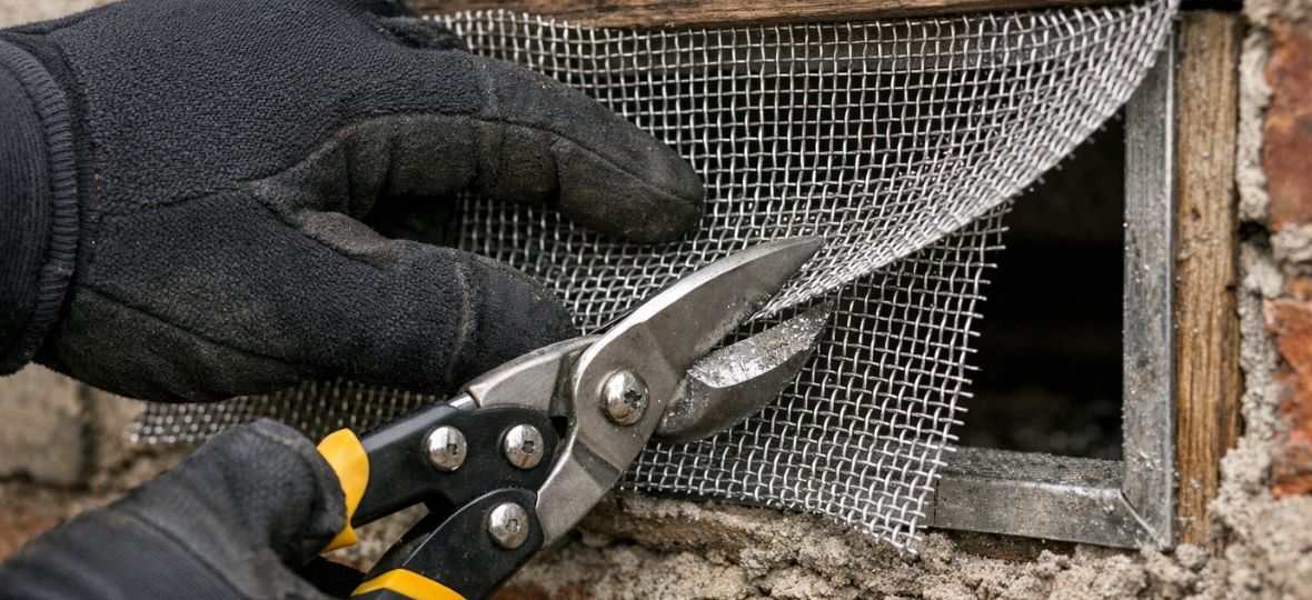 Stainless-steel mesh being installed in a crawl-space vent — how rodent exclusion works in Forsyth County