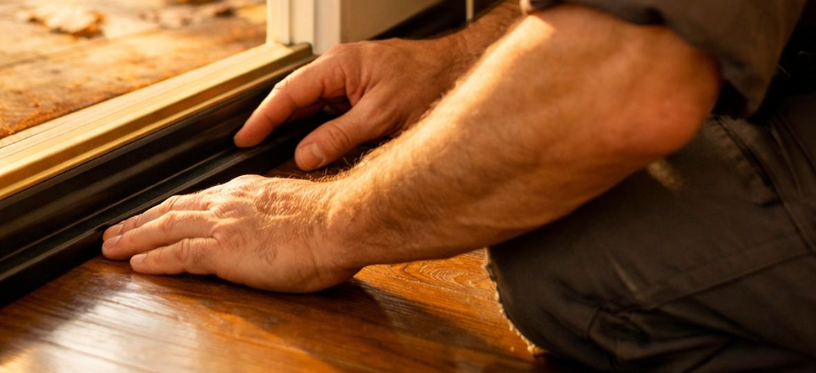 Homeowner inspecting a door sweep in autumn — fall rodent-proofing checklist for Winston-Salem