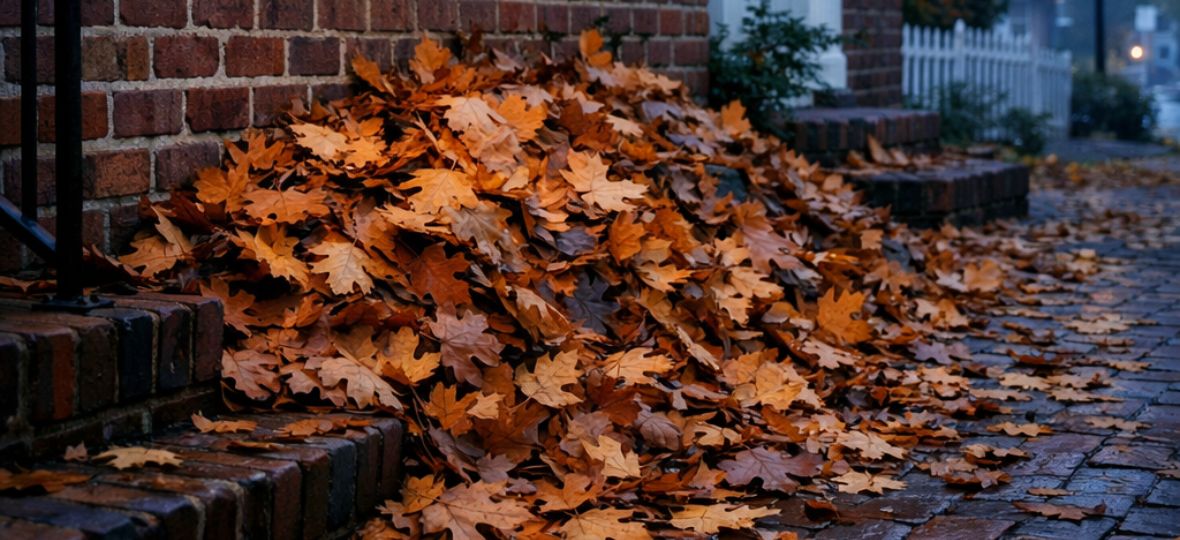 Autumn leaves outside a Winston-Salem home — rodent pressure peaks in fall and winter