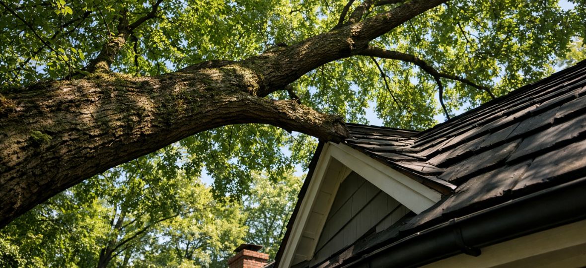 Mature hardwood canopy overhanging a residential roofline in west Winston-Salem — roof rat access route