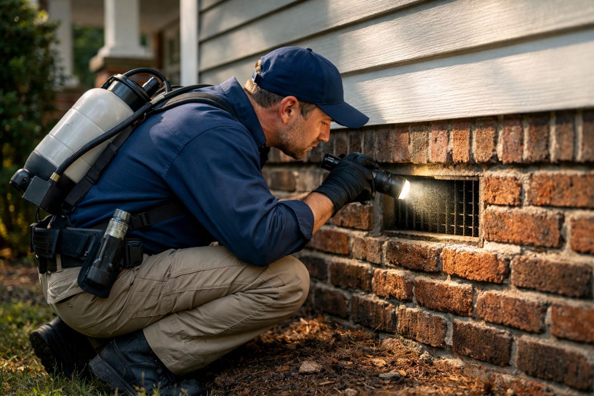 Winston-Salem rodent control technician inspecting a home foundation