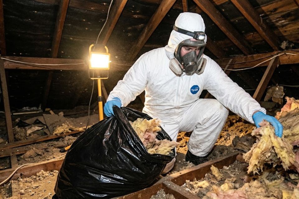 Attic insulation contaminated by roof rat activity — before cleanup and sanitization