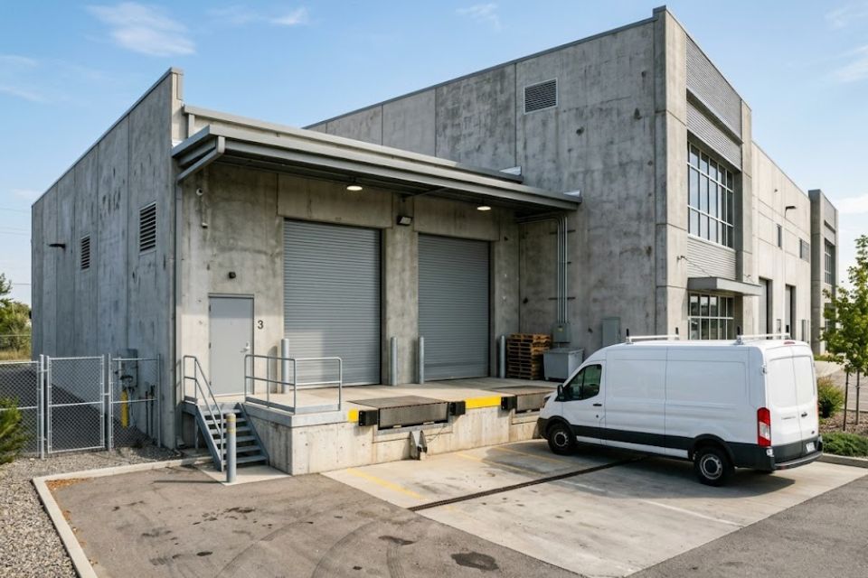 Commercial rodent control bait station at a loading dock in Winston-Salem