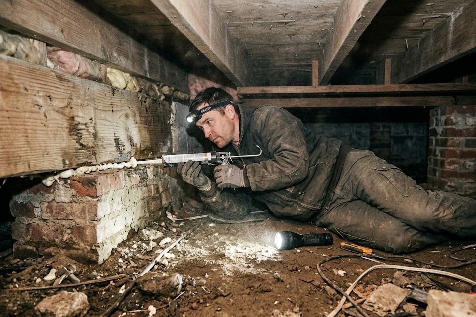 Technician sealing a utility penetration inside a Forsyth County crawl space