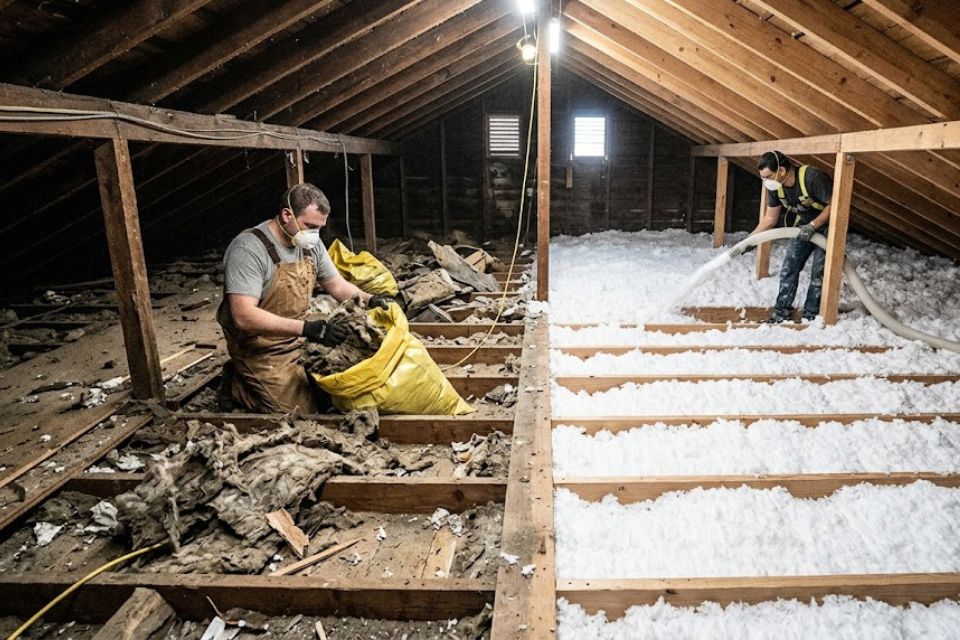 Fresh blown insulation installed in attic after rodent damage remediation