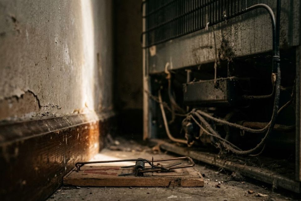 Snap traps deployed along a wall-base runway inside a cabinet for mouse treatment
