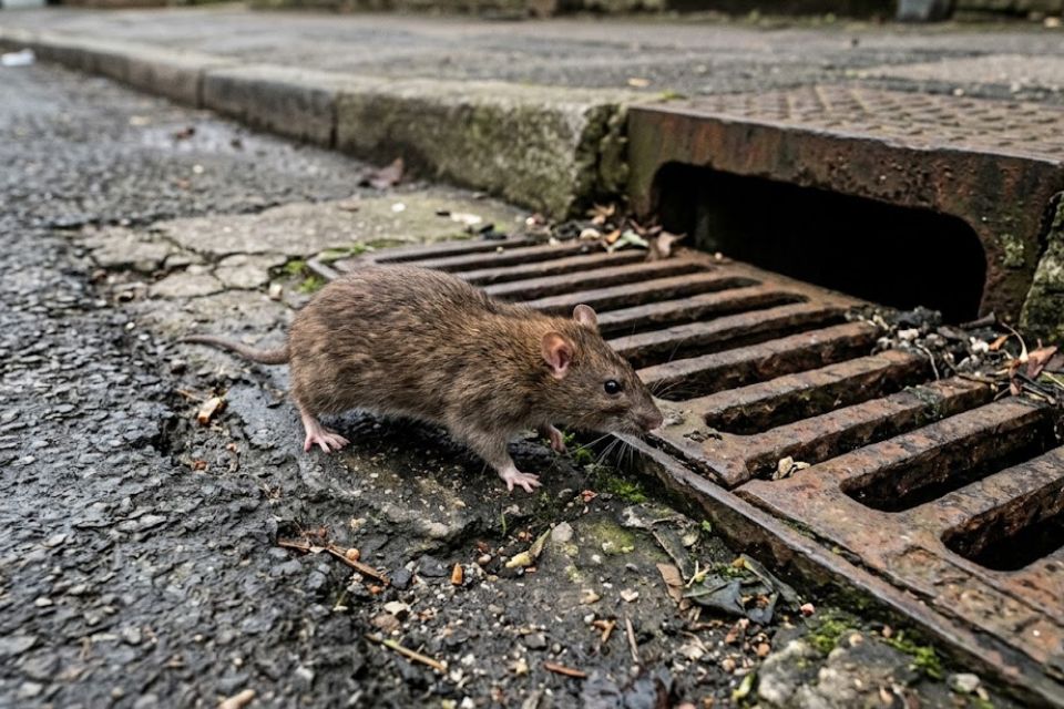 Tamper-resistant bait station placed at a foundation wall for Norway rat control
