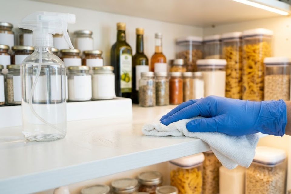 Technician in PPE cleaning rodent droppings — professional cleanup in Winston-Salem