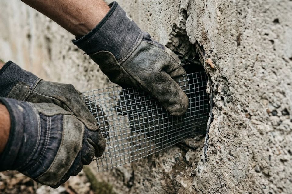 Stainless-steel mesh being installed in a crawl-space vent for rodent exclusion