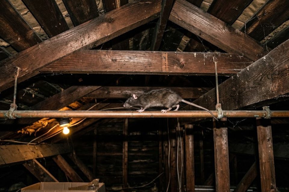 Technician on a ladder performing roofline exclusion for roof rats in Winston-Salem
