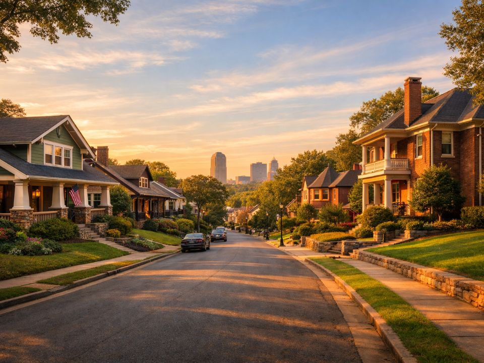 Pre-war craftsman bungalows on a tree-lined street in Winston-Salem, NC